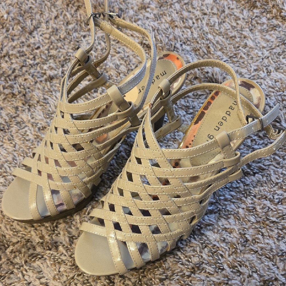 Madden Girl Taupe Woven Strappy Peep-Toe Heels